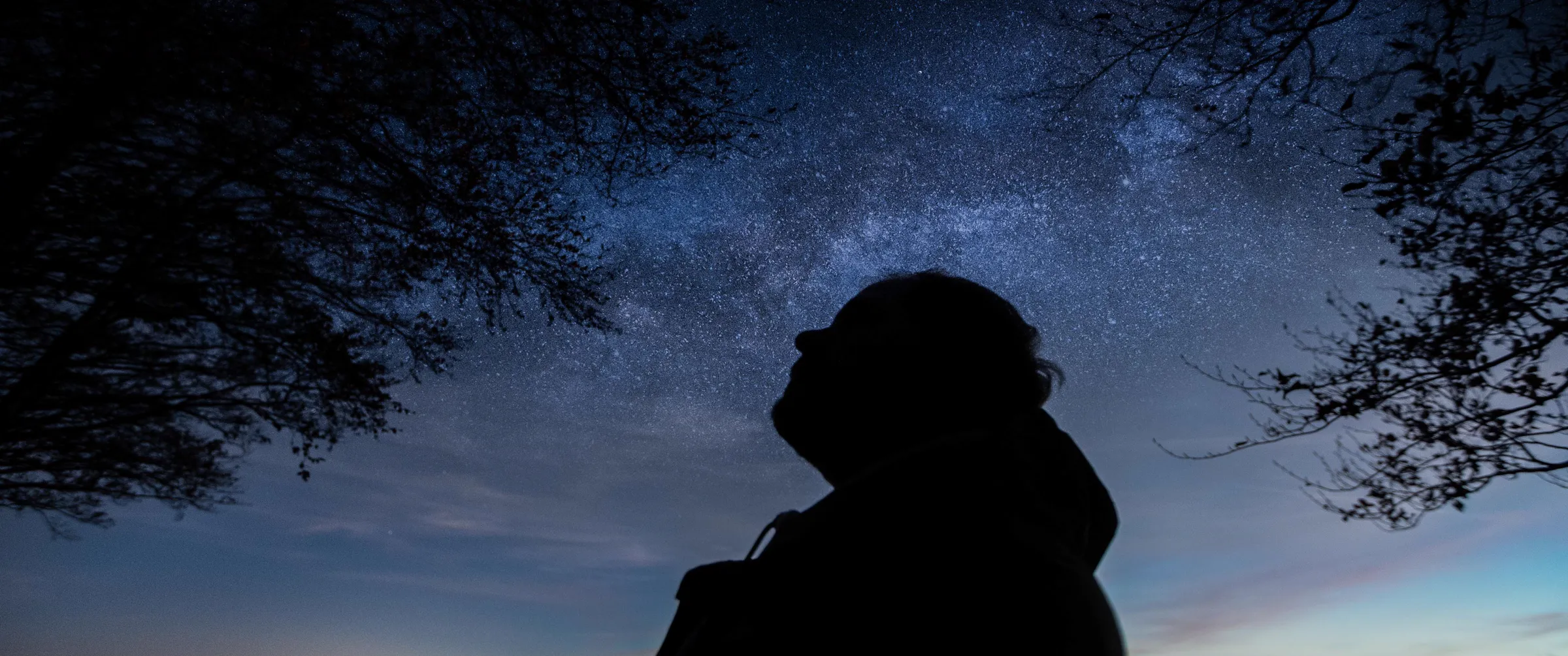 Nino Dello Buono di profilo, in controluce, sotto la Via Lattea